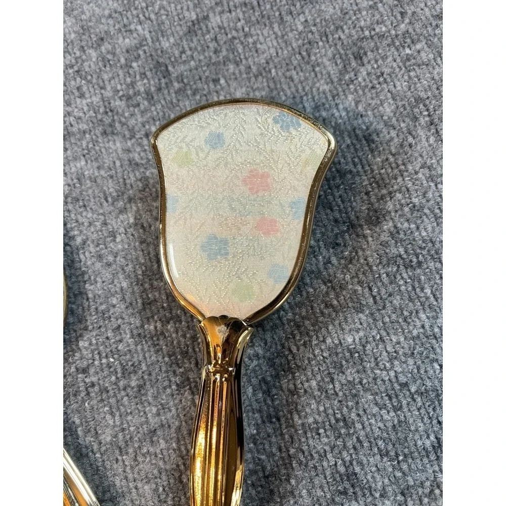 Vintage Gold Vanity Hand Mirror & Brush Set Floral Brocade Back Mid Century Boud